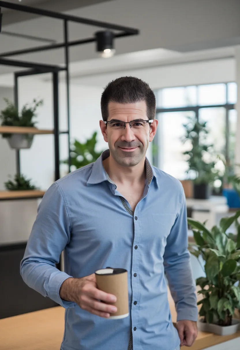 Ron Spinabella with a coffee in a bright office